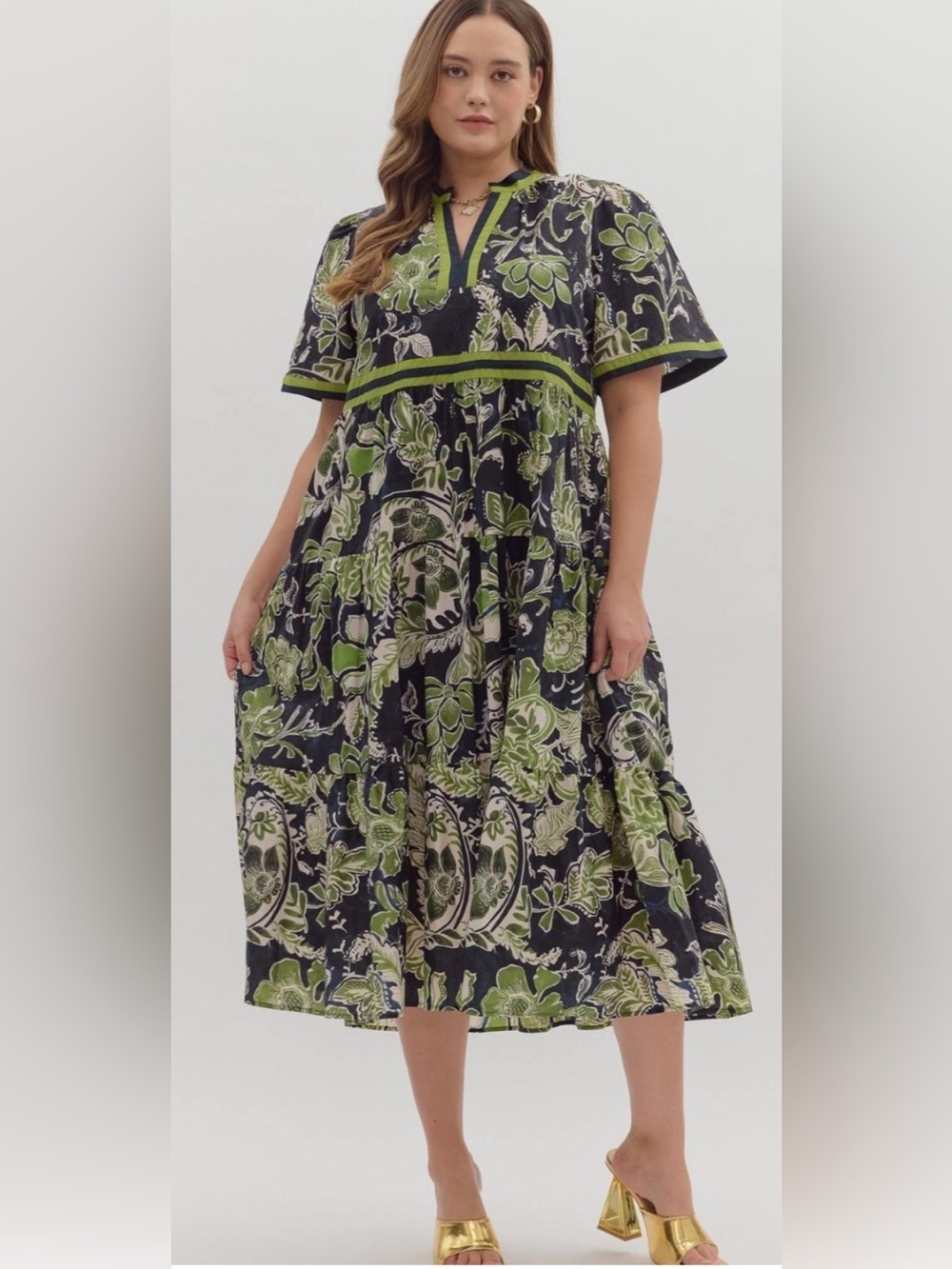 New!Entro Boutique Floral Cotton Midi Dress Navy & Green Pocket Lined Size 1X